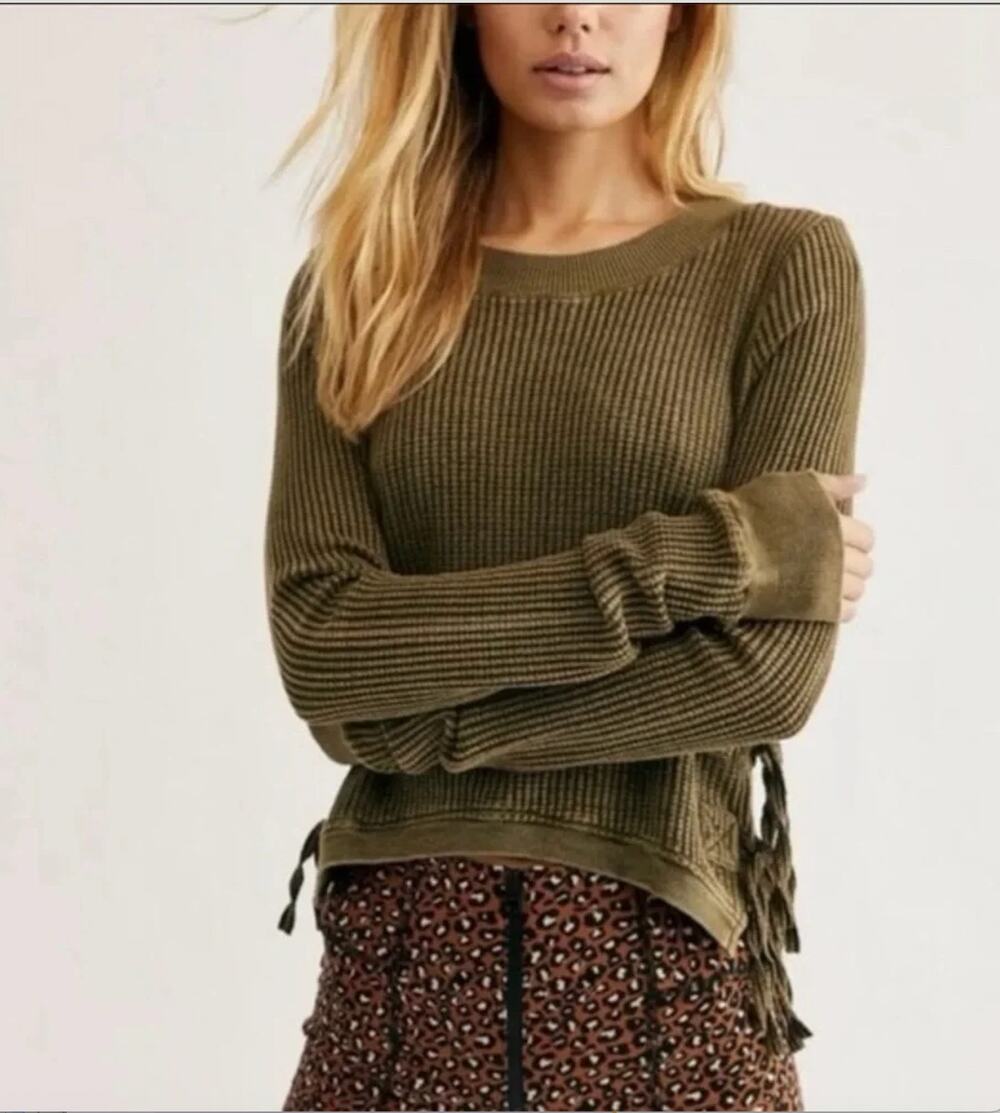 Free People FP One Side Tie Fringe Waffle Knit Thermal Top Womens XS Olive Green